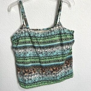 Baltex Blue Green Boho Indie Motif Tankini Top Built in Bra Like New 20W